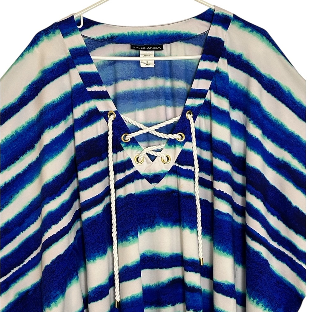 La Blanca Size Small Blue & White Nautical Stripe Wave Rope V-Neck Coverup